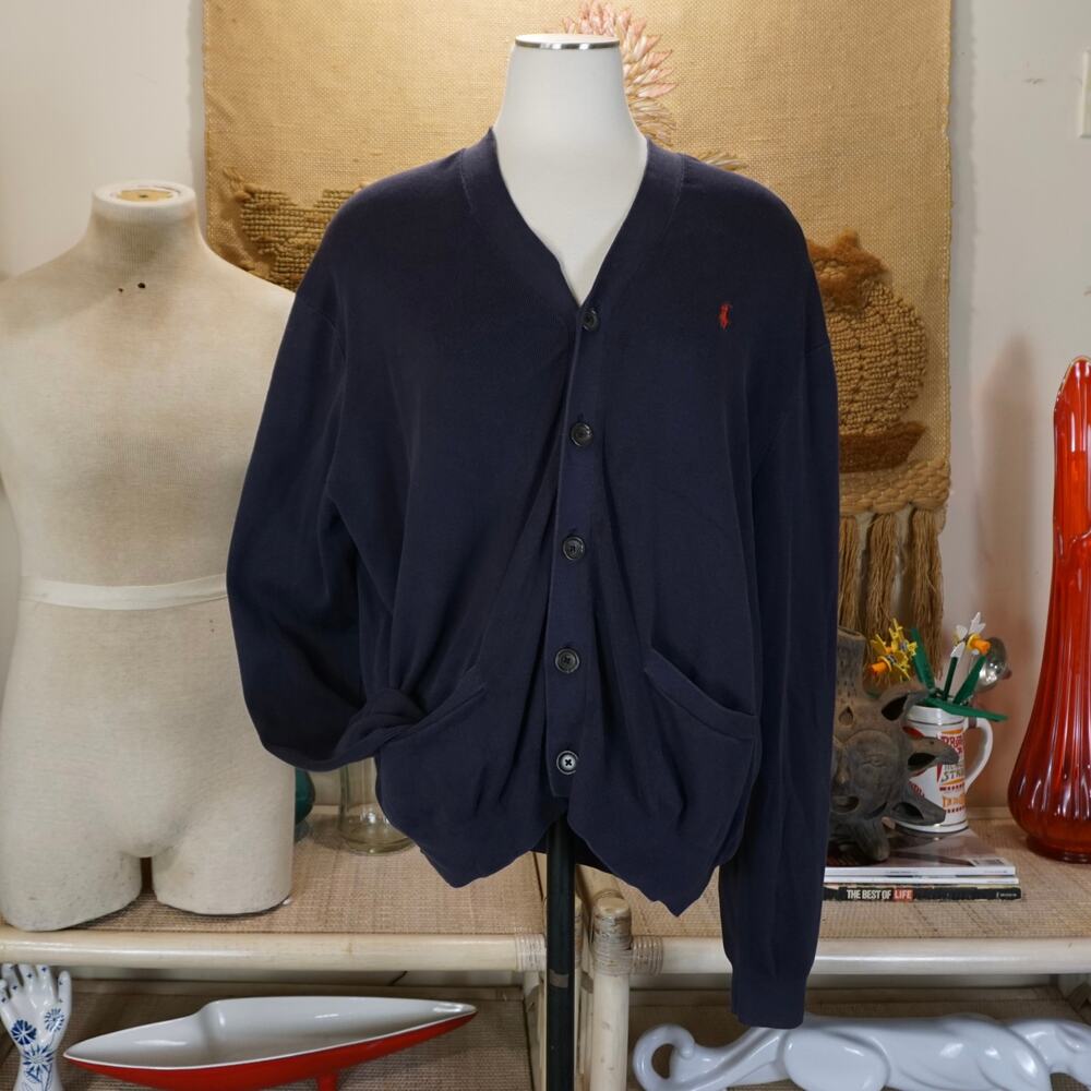 Vintage Polo Ralph Lauren navy v neck cardigan mens pima cotton sweater